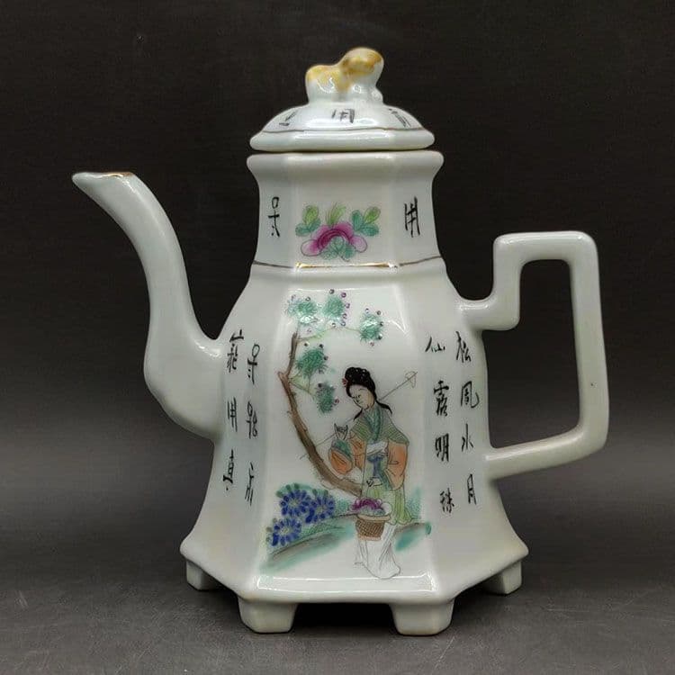 パステル仕女人物六方徳利 茶壺 景徳鎮 陶磁器 装飾品 現代工芸品 美術品 置物