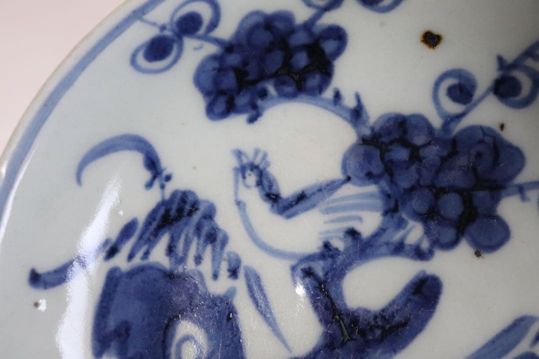 中国　清時代　染付　花鳥紋5寸皿　和美銘　送料込み1031