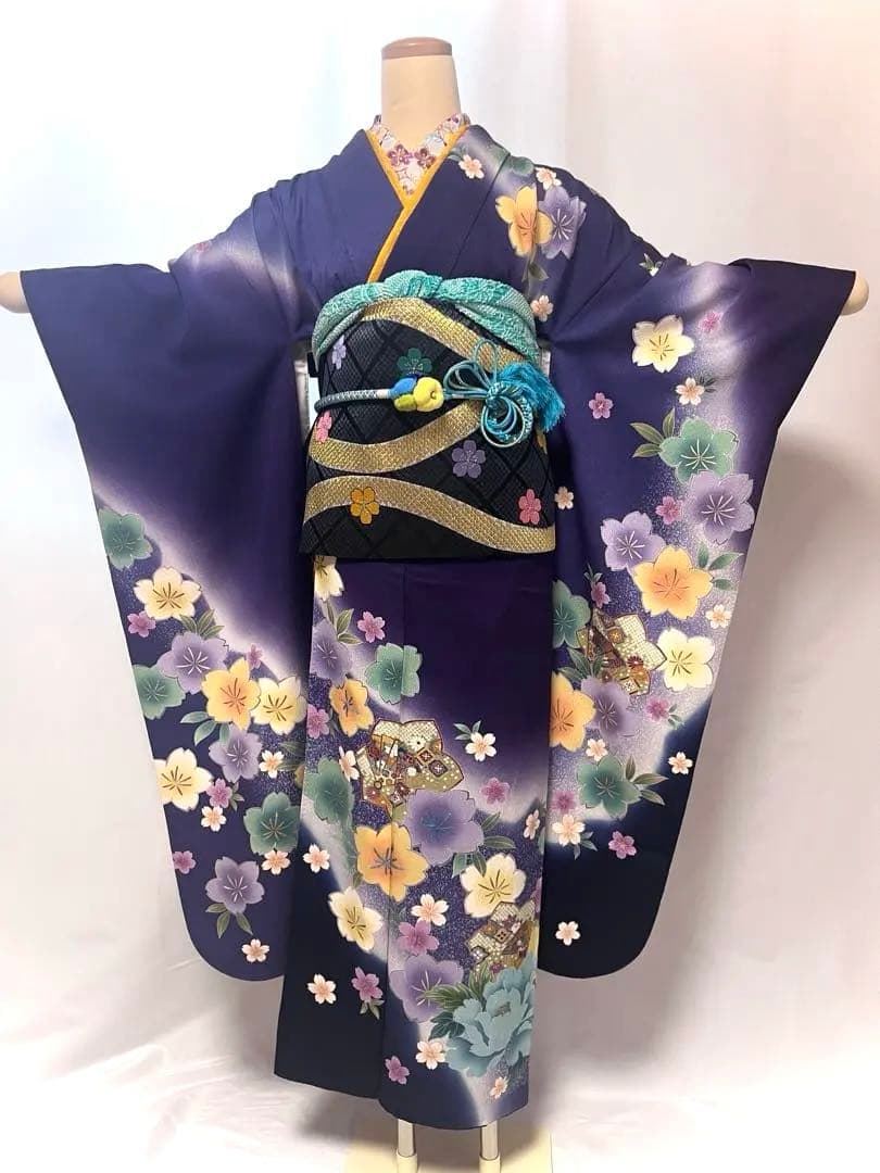 【美おり】振袖 正絹 振袖フルセット 7点セット 成人式 桜文様 くすみブルー