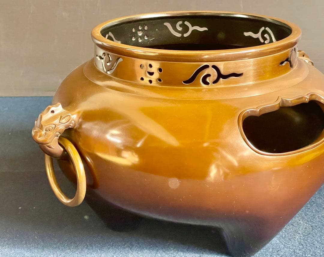 割引❣️【美品】「祖」 唐銅 鬼面風炉 釜師 莎村 共箱 共布 （1030あ莎）