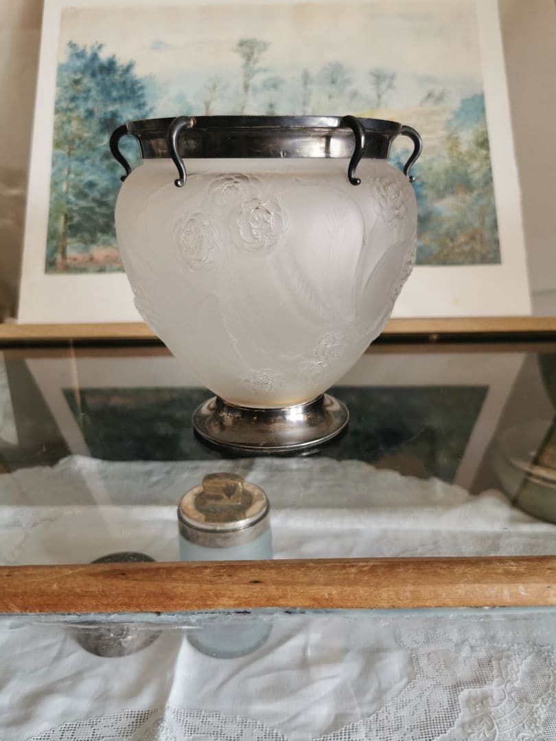 アンティーク ラリック 特注シルバー装飾台座＆口縁付 西洋花梨紋 ガラス大型花器