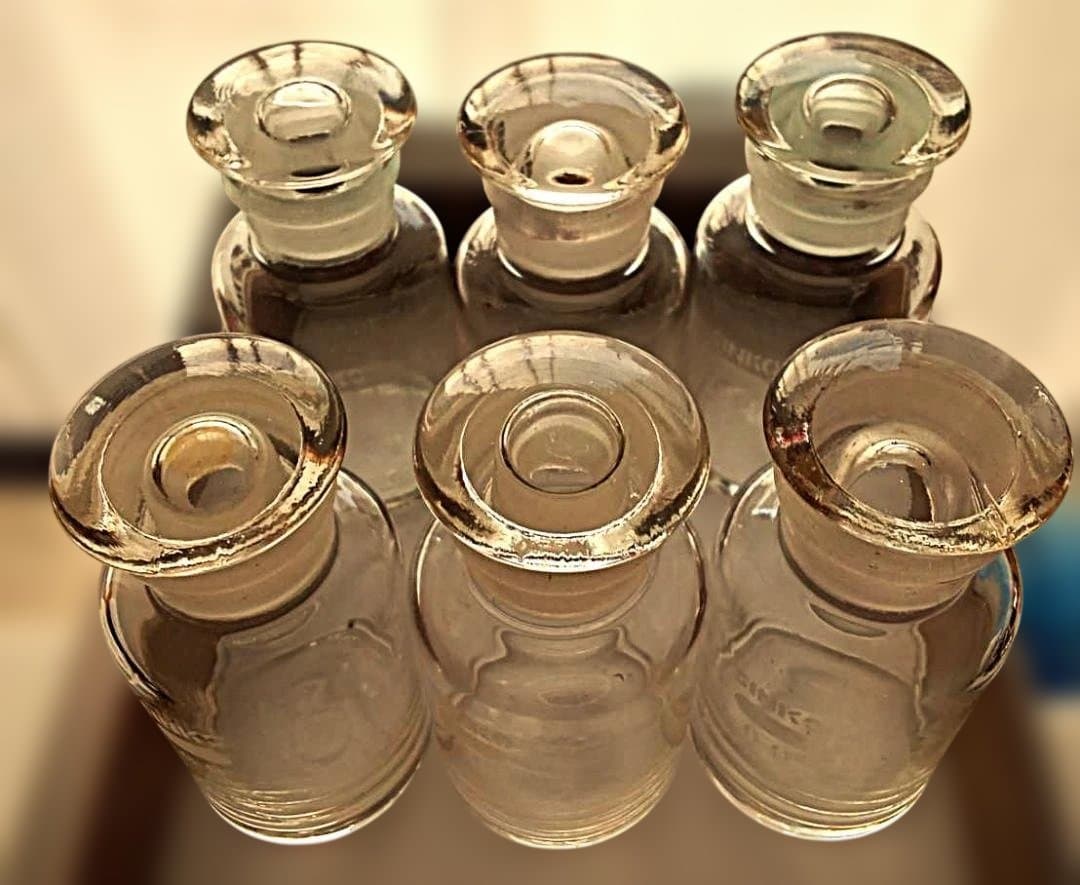 昭和レトロ 吹きガラス製 気泡有り 刻印入り 理化学硝子瓶 7本セット・美品