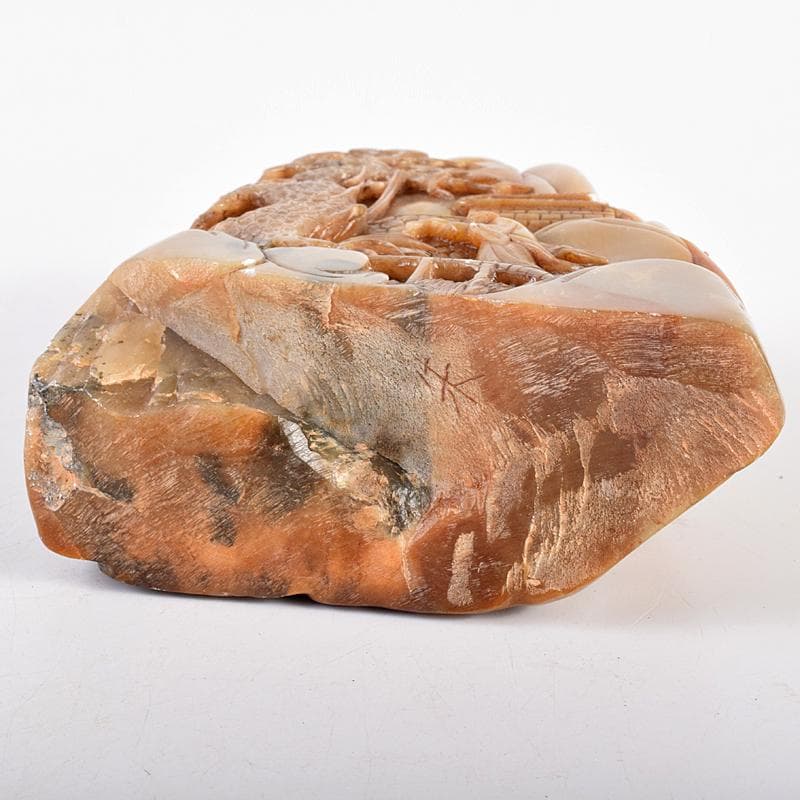 中国　玉石彫刻　山水人物刻　床飾　置物　在銘　唐木台付　K　R7727