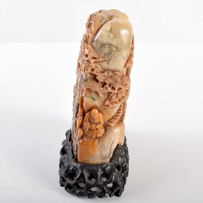 中国　玉石彫刻　山水人物刻　床飾　置物　在銘　唐木台付　K　R7727