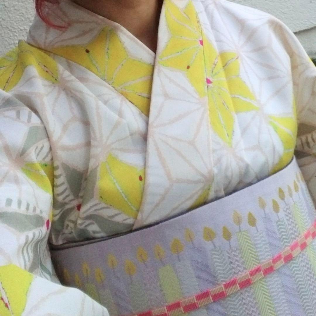 ふりふ 夏 浴衣 着物 花柄 麻の葉 黄色 (浴衣＋帯＋帯締め3点セット)