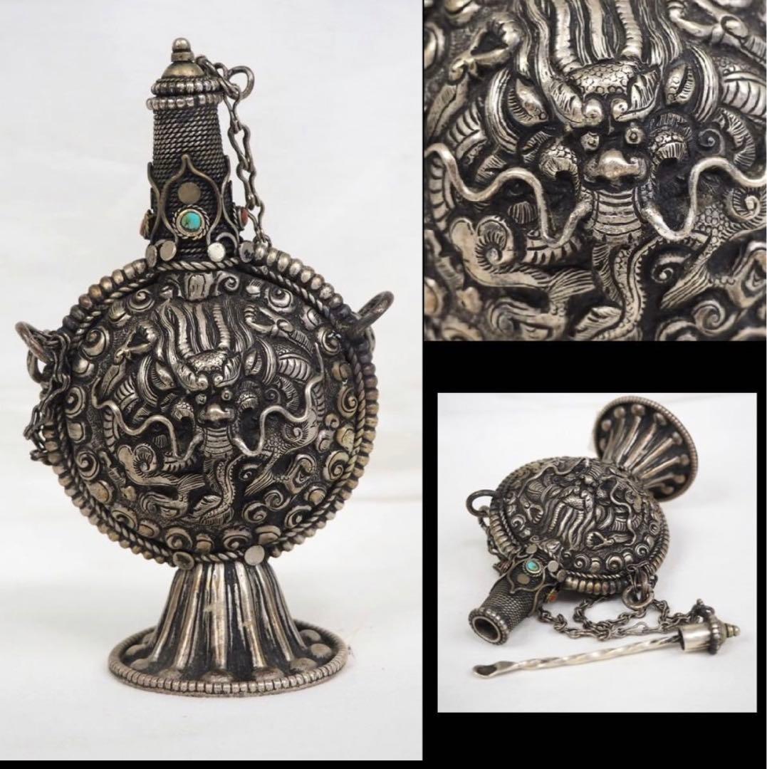 gang送料無料　時代唐物　細密龍文彫刻銀細工鼻煙壷　中国古玩