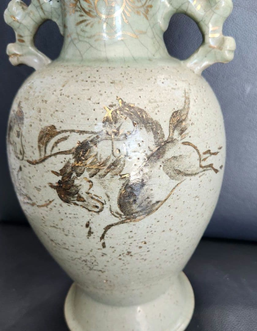 美術品 大堀 相馬焼 松永窯 耳付き花瓶(特大)