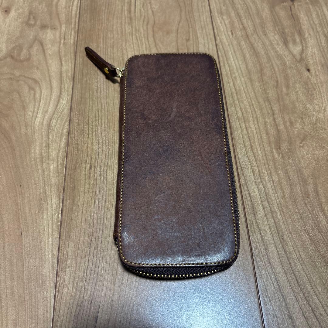 美品　バハギア　ペンケース　ラウンドジップ型　プエブロ　タバコ