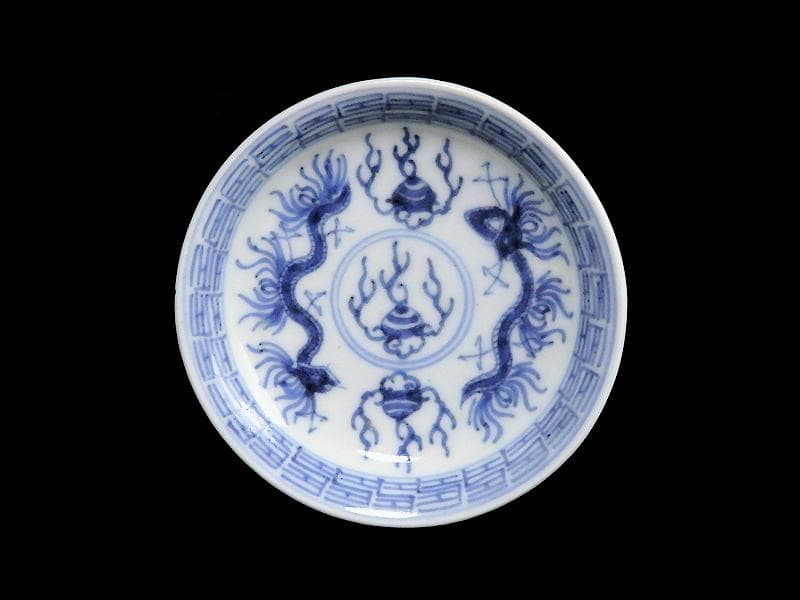 古伊万里　染付　龍に宝珠の図　豆皿　２枚　D364AS-fbrb