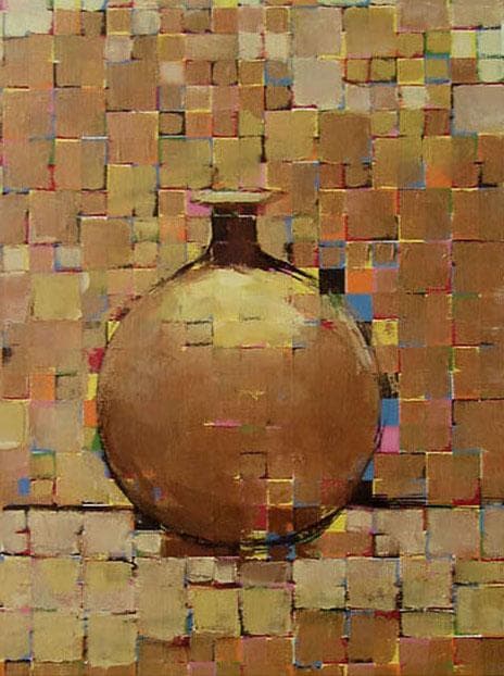 油絵 菅家令子絵 絵画インテリア額付(青緑＋金色の枠)uF6-060603花瓶壺