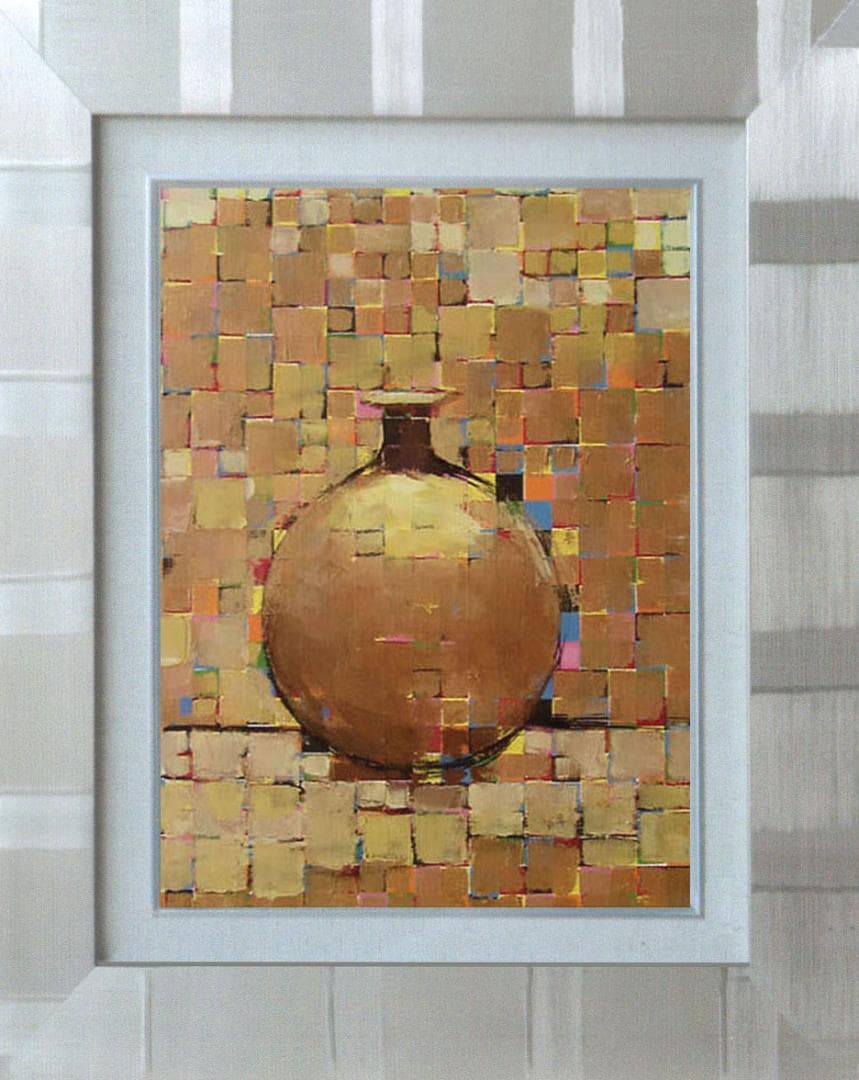 油絵 菅家令子絵 絵画インテリア額付(青緑＋金色の枠)uF6-060603花瓶壺