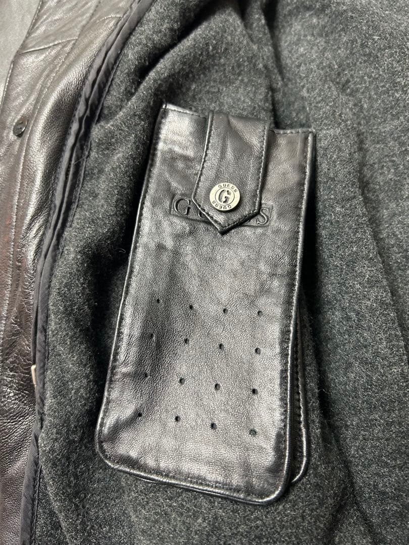 GUESS ブラック　レザー　シングルライダースコートライナー付き　L