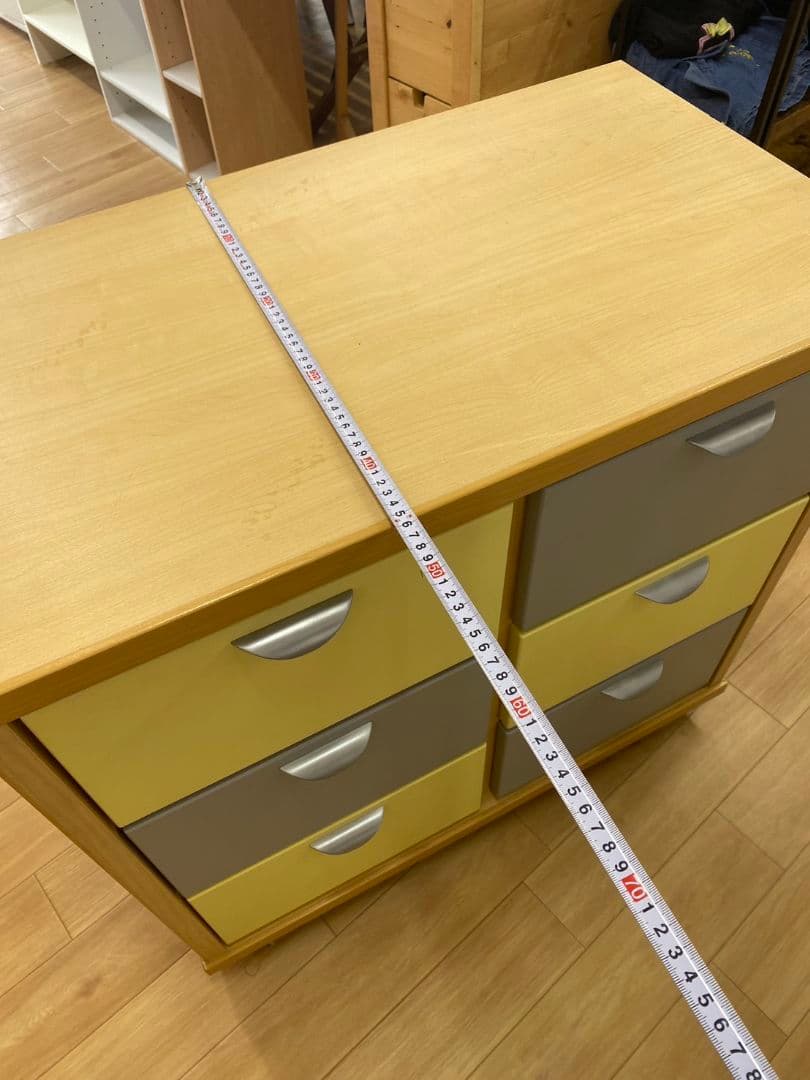 木製チェスト 6引き出し イエロー グレーキャスター付き