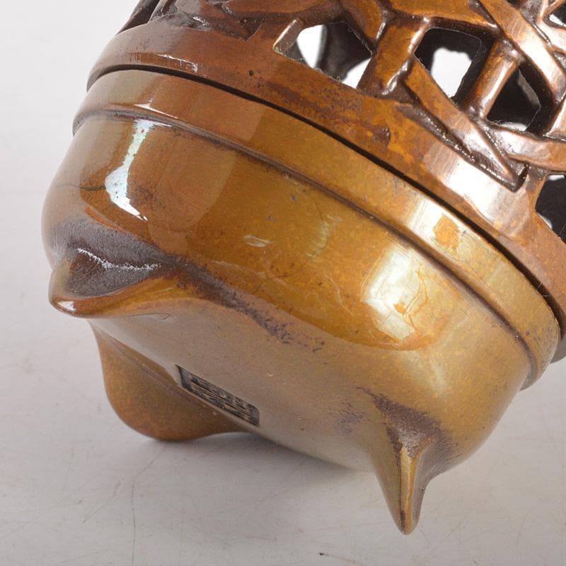 高岡銅器　下尾治彦作　古銅　すかし三足香炉　共箱　V　R5263