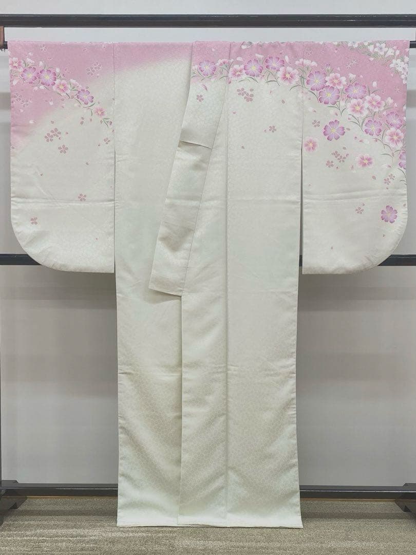 2尺袖 ポリエステル着物 コスモス 桔梗 紋意匠 袴向き