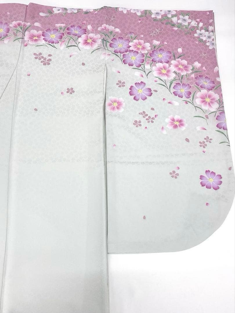 2尺袖 ポリエステル着物 コスモス 桔梗 紋意匠 袴向き