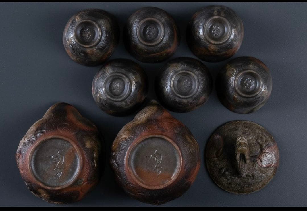 備前焼　小西陶古　茶具　陶器　湯呑み６個　湯冷まし　急須　セット　龍