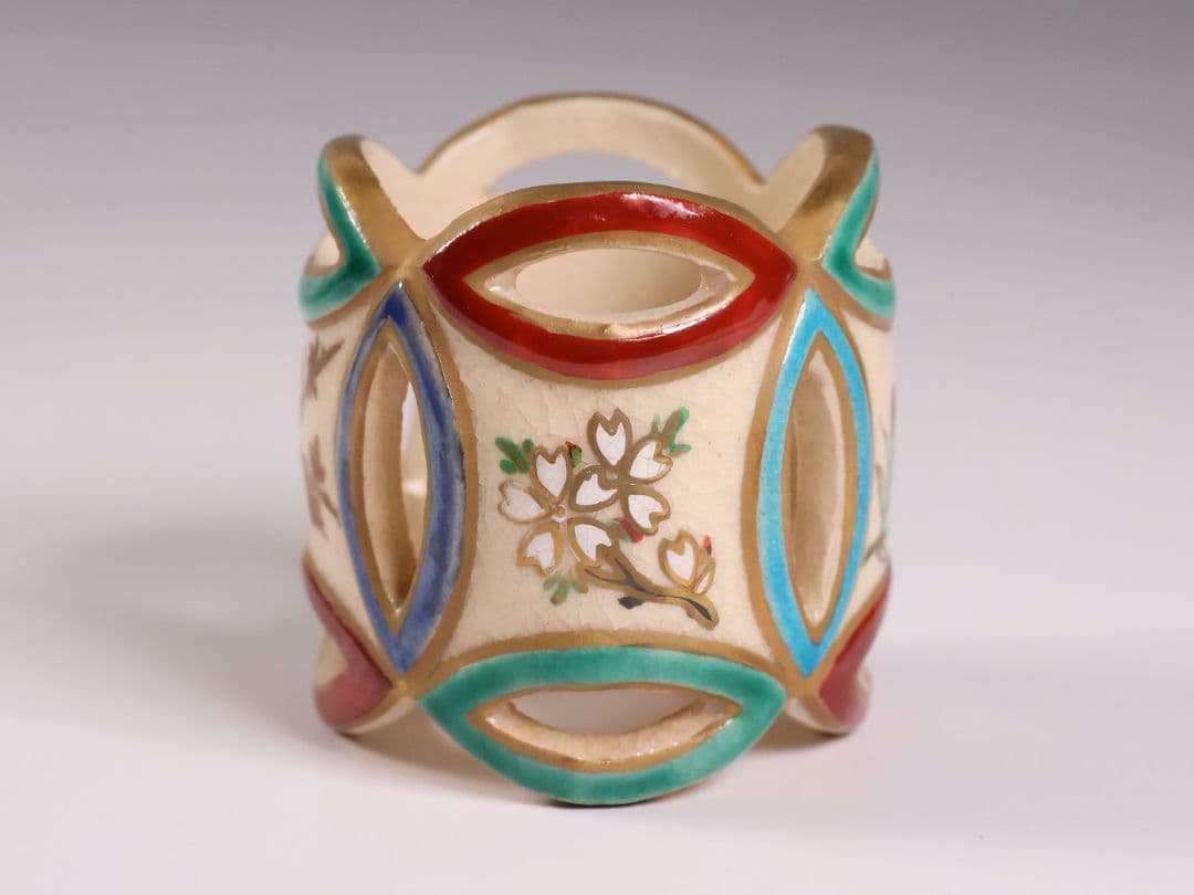 茶道具 清閑寺窯 杉田祥平 色絵四季七宝 蓋置 共箱 陶芸【CM334】