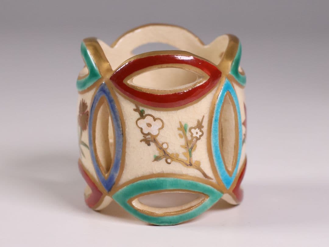 茶道具 清閑寺窯 杉田祥平 色絵四季七宝 蓋置 共箱 陶芸【CM334】