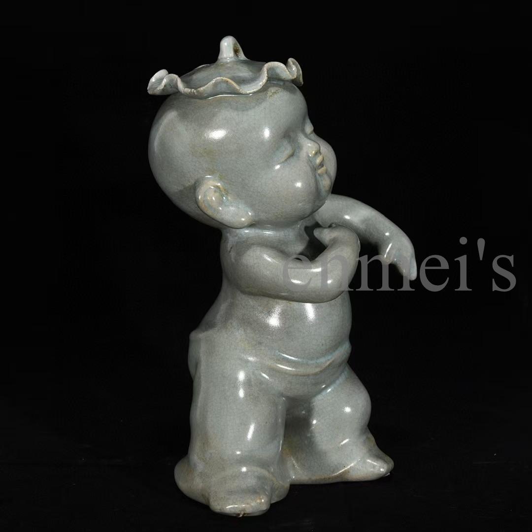 中国古美術・宋汝窯風 淡青釉 童子人形 3体セット・陶器製・文房置物・賞物