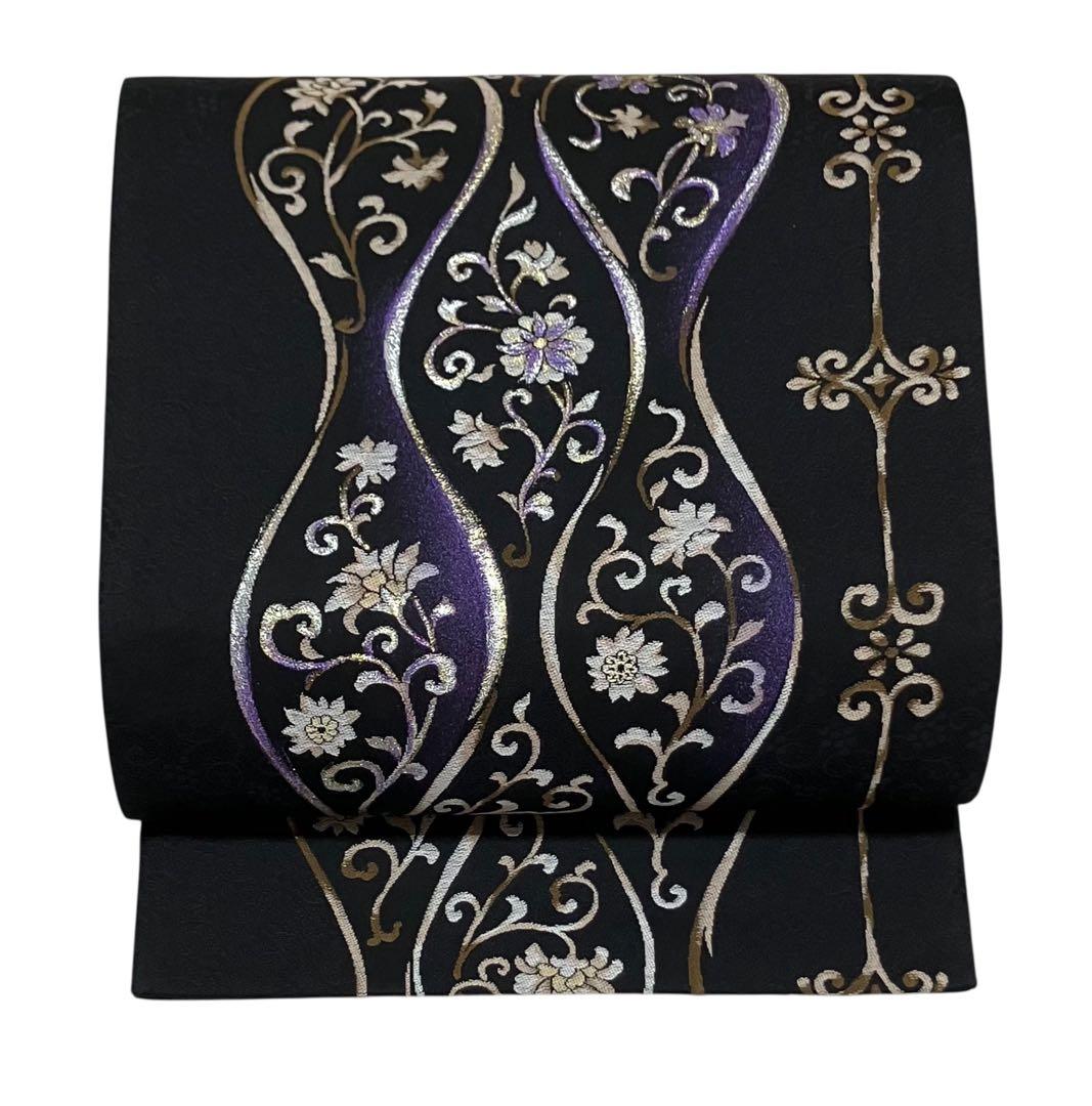 袋帯 六通柄 正絹 立涌風の花唐草文 葡萄の地紋 未使用 イ6513