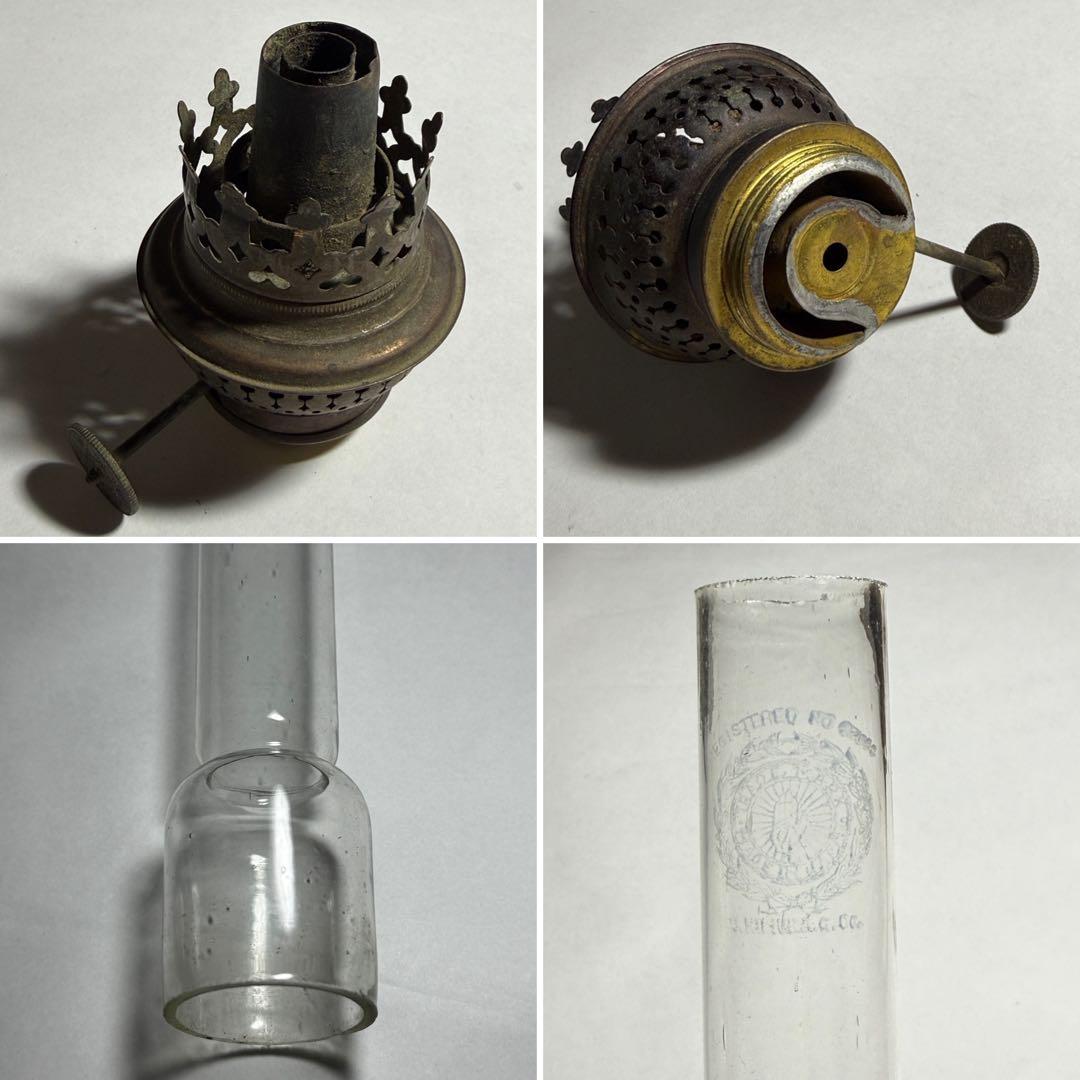 ◆希少 置きランプ 雷文擦り硝子火屋 ガラス絵乳白硝子オイル壺 明治時代◆