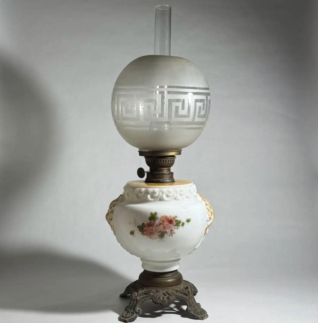 ◆希少 置きランプ 雷文擦り硝子火屋 ガラス絵乳白硝子オイル壺 明治時代◆