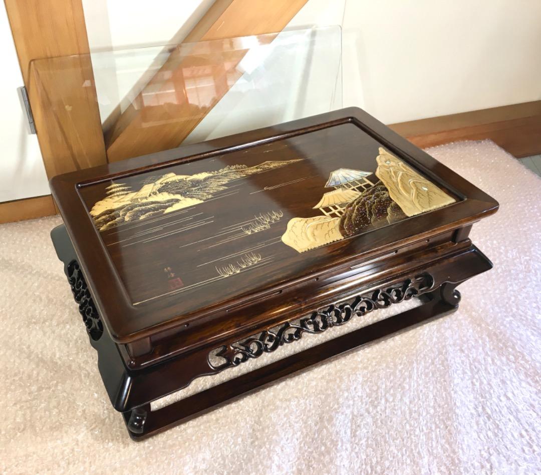 【勝峰作】花台 飾り台 螺鈿細工 金彩蒔絵 机 ガラス付属 ①