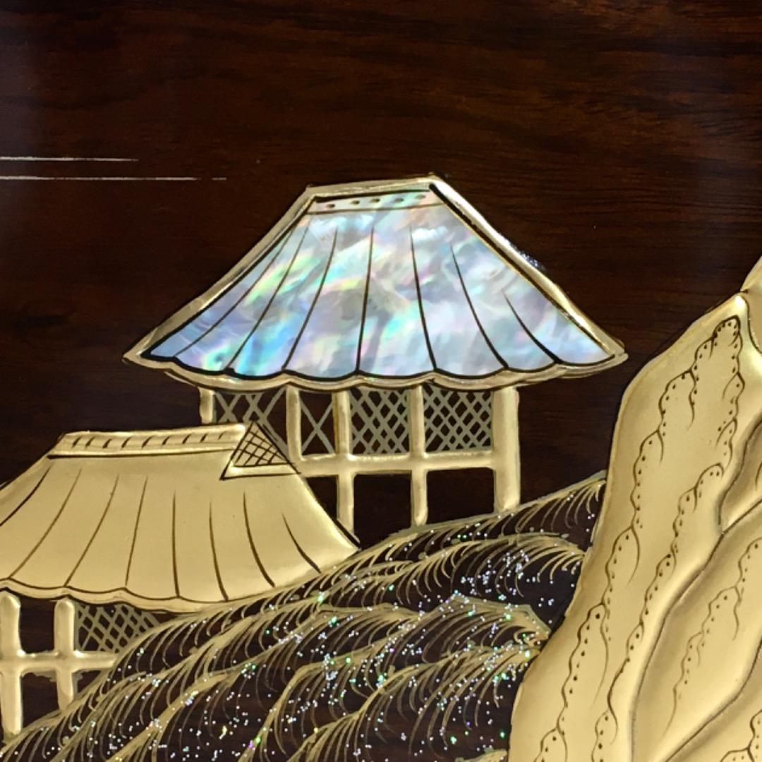 【勝峰作】花台 飾り台 螺鈿細工 金彩蒔絵 机 ガラス付属 ①