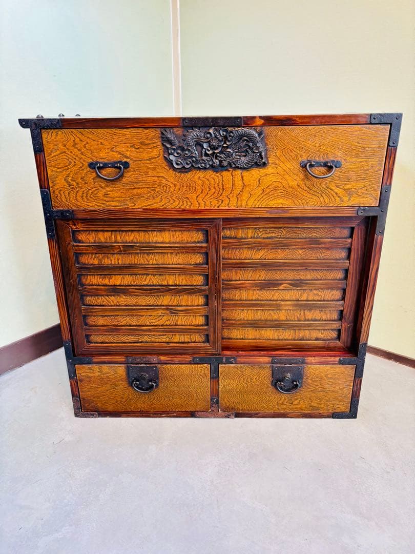 時代 帳場箪笥 【両面仕様】車箪笥 鍵付き 和モダン 古家具【鍵付き】