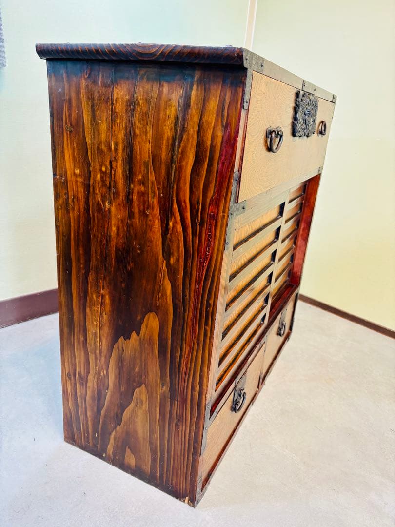 時代 帳場箪笥 【両面仕様】車箪笥 鍵付き 和モダン 古家具【鍵付き】