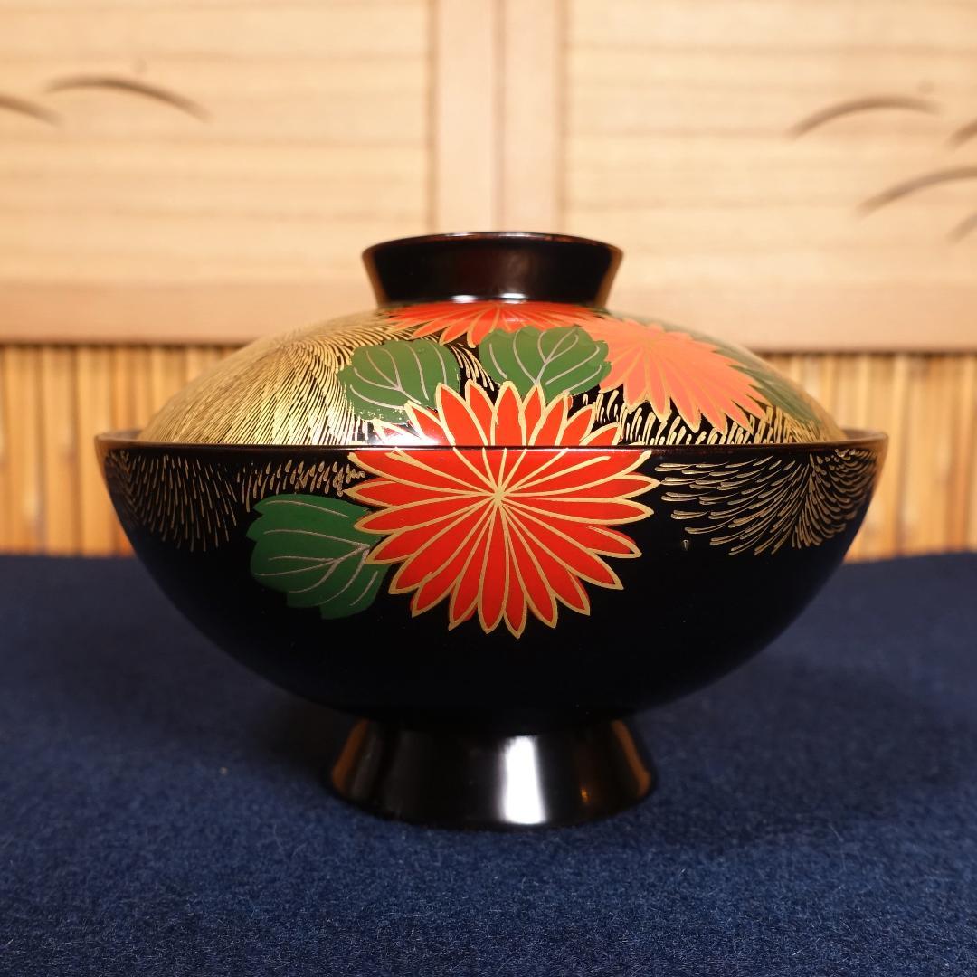 輪島塗 沈金 蒔絵 菊花尽図 吸物椀 7客 共箱