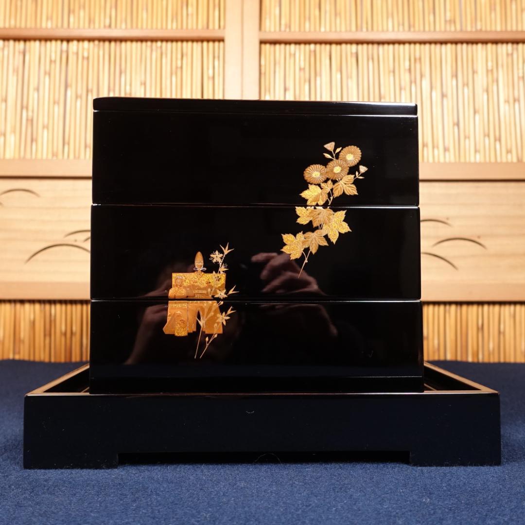 極細密画の本金蒔絵 輪島塗師 耕雲 川口浩文 五節句蒔絵 三段重箱 共箱付