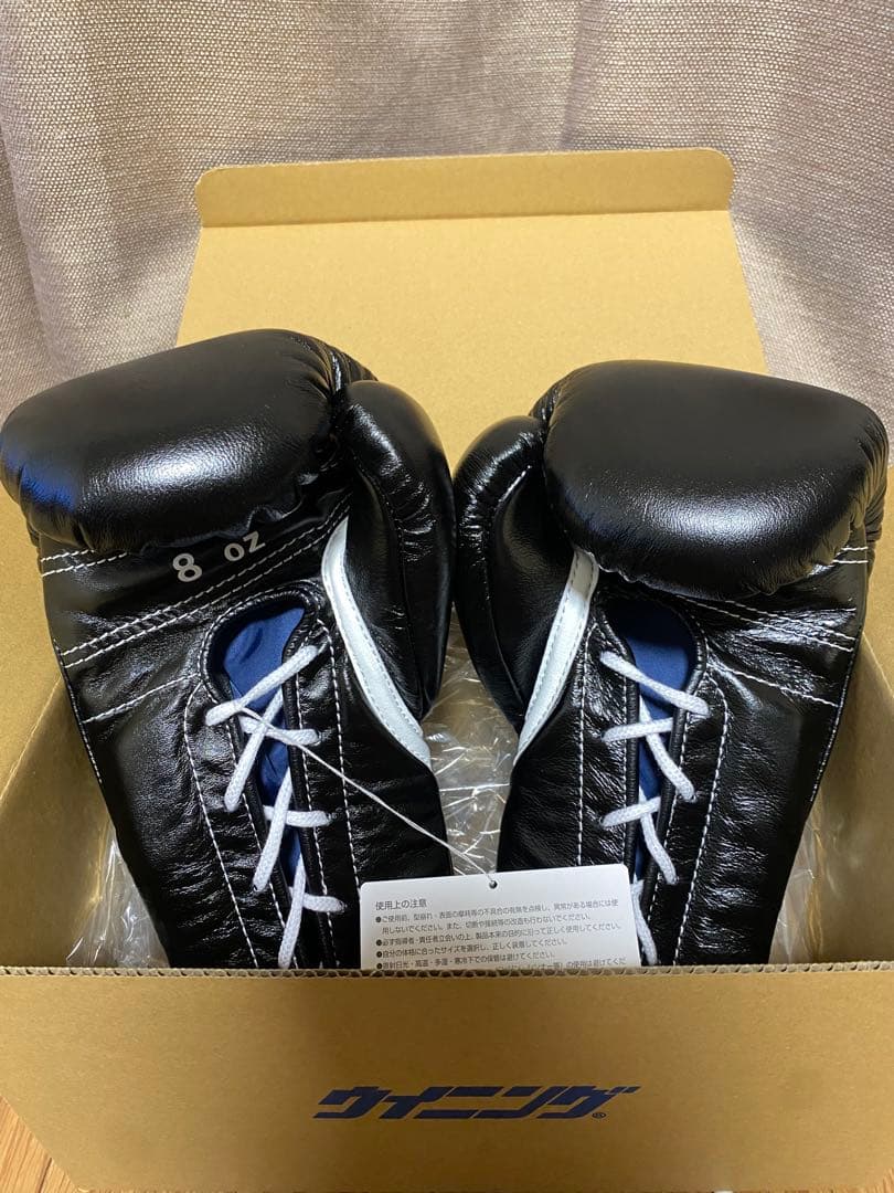 新品未使用Winningボクシングプロ用グローブブラック黒8ozMS-200紐