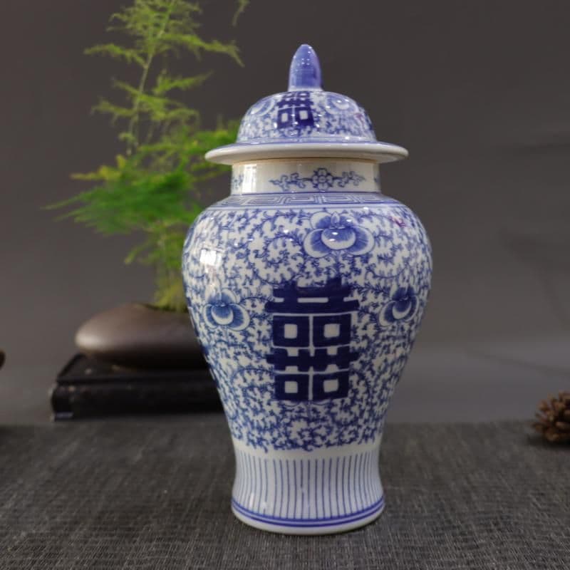 青花磁器喜字将軍缶 景徳鎮 陶磁器装飾品 工芸品 美術品 置物