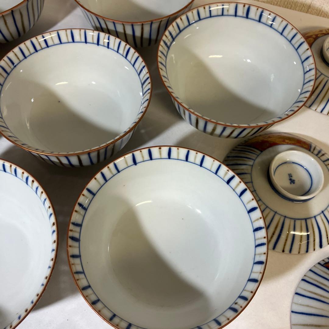 九谷焼骨董蓋付き茶碗７客「赤地金彩麦わら手」