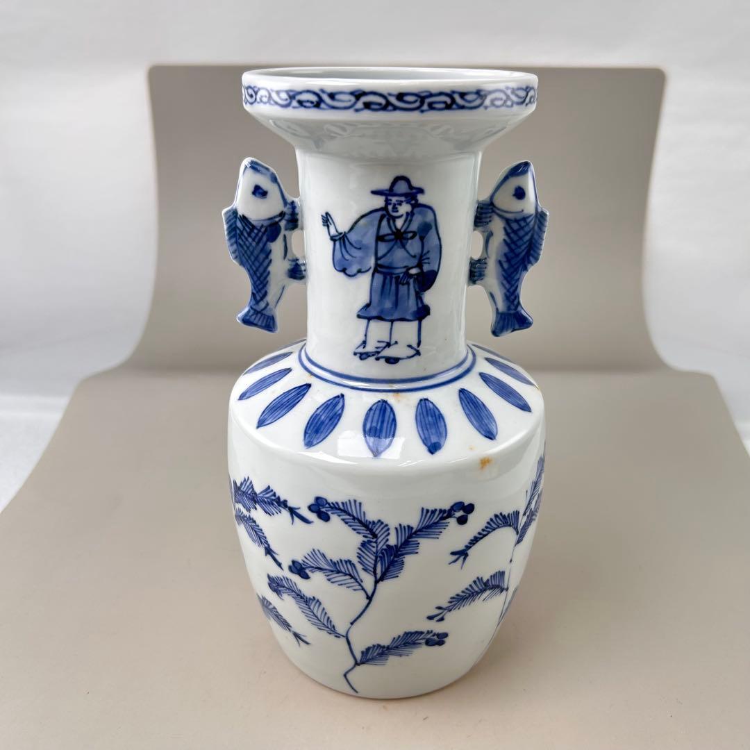 花入　染付　高砂　平安高野昭阿弥作 青白磁の花瓶 魚の持ち手付き