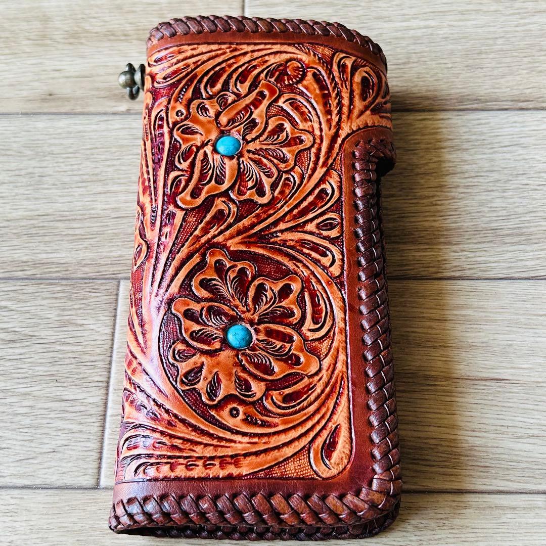 【新品】本革 牛革カービング バイカーズウォレット ハンドメイド メンズ 長財布