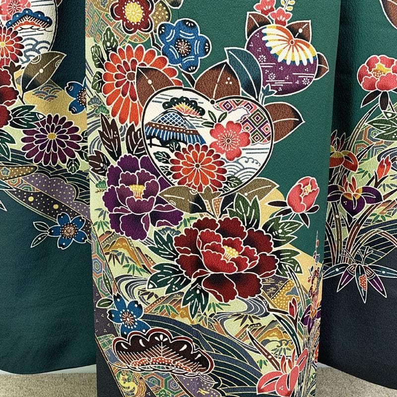 506z23☆きものやまと 紅型振袖 古典柄 ちりめん 緑☆美品 成人式 結婚式