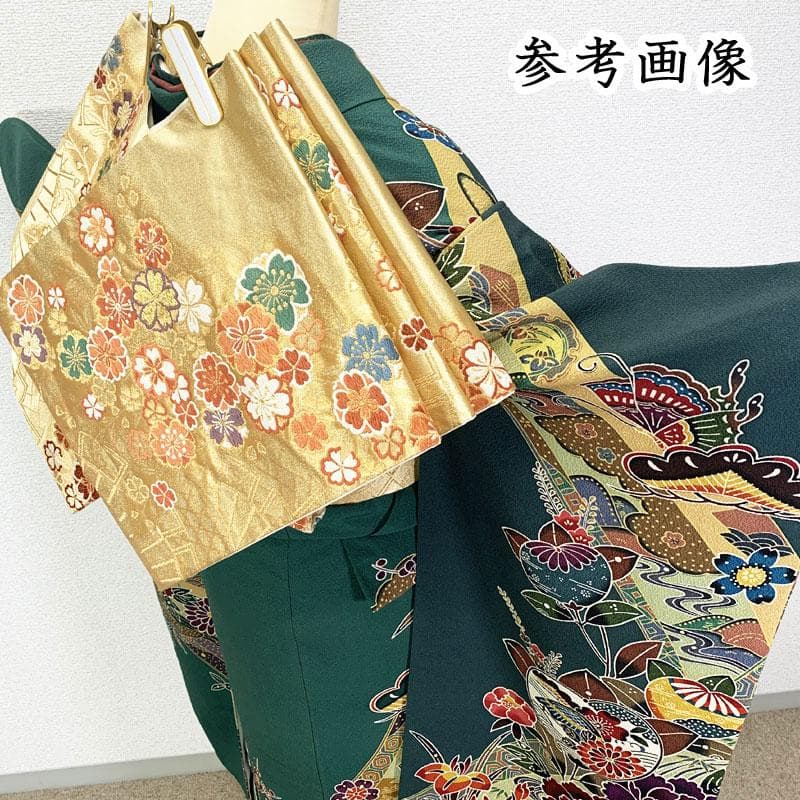 506z23☆きものやまと 紅型振袖 古典柄 ちりめん 緑☆美品 成人式 結婚式