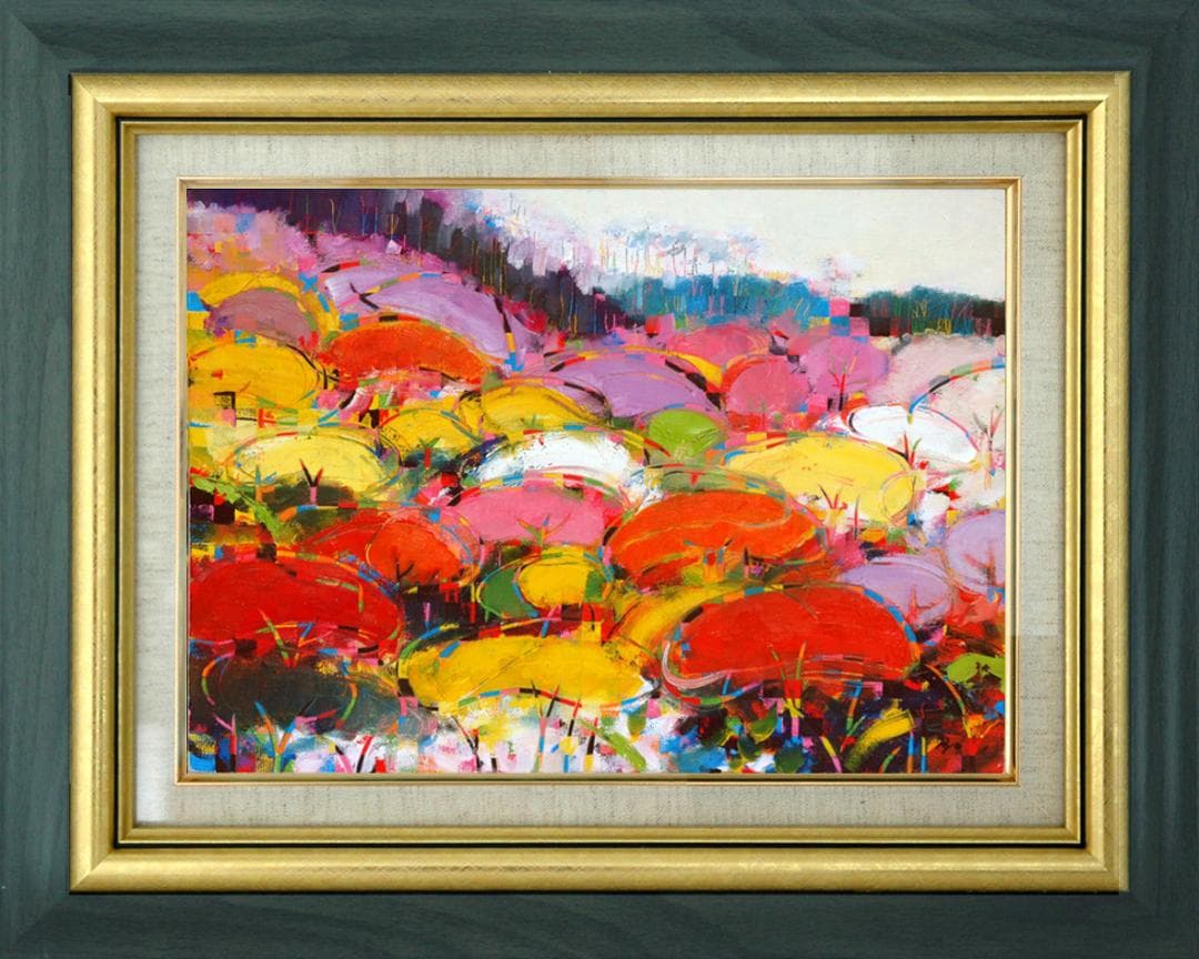 油絵 菅家令子 絵 絵画インテリア額付(青緑＋金色の枠)uF6-081711紅葉