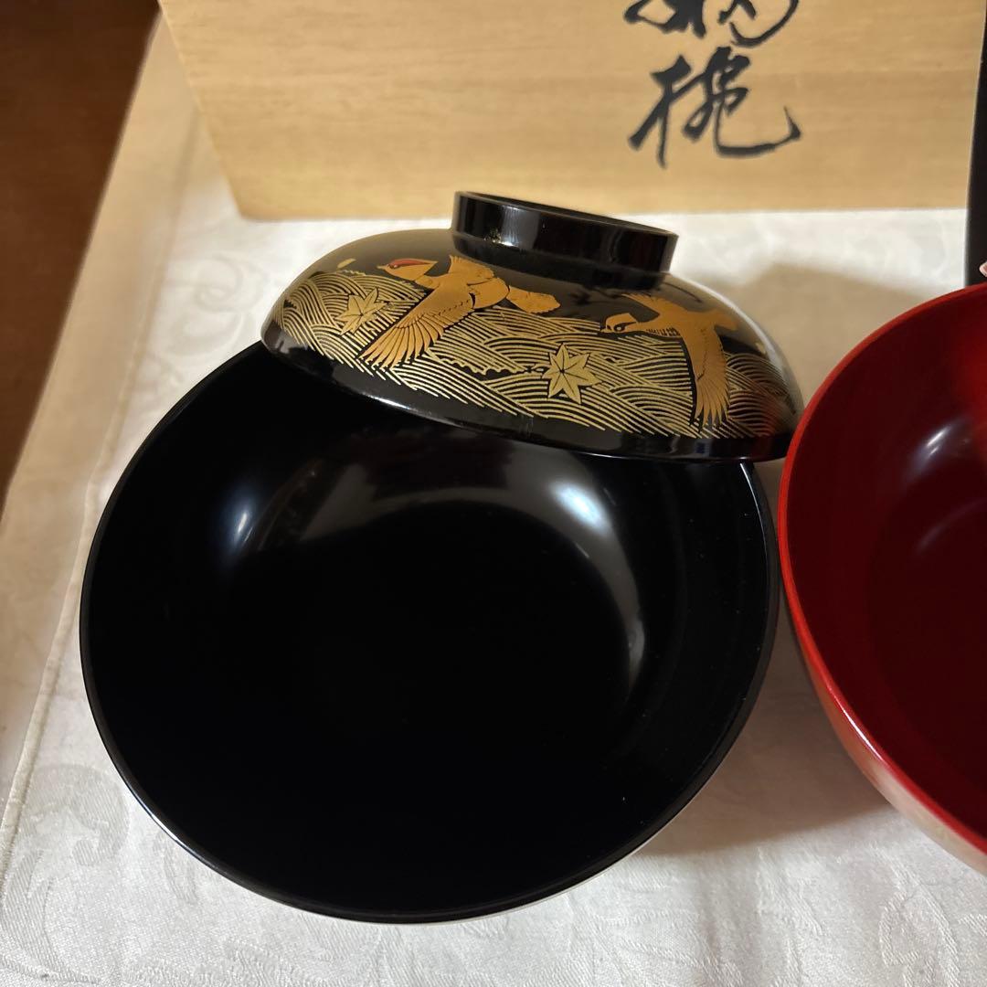 輪島塗 濱田屋 蓋付 椀 お椀 天野誠作 金彩 鶴　金蒔絵 木箱付 ペア 吸椀