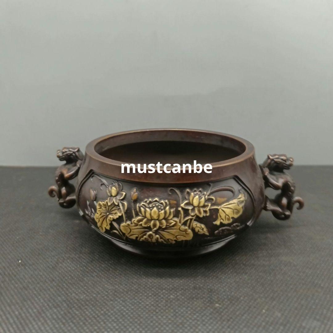 銅器 香炉 瑞獣双耳蓮葉蓮華香炉 仏堂供養炉 挿し香炉 香道具 工芸品 置物