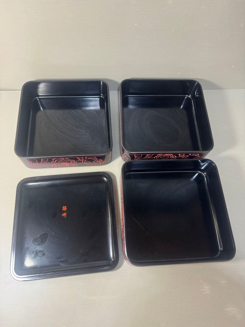 2546 越前塗　骨董　三段重箱 漆 漆器 泥朱 牡丹彫