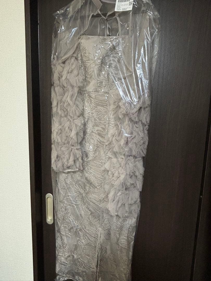 【LEJA】フリルチュールスリーブリボンIラインワンピースドレス