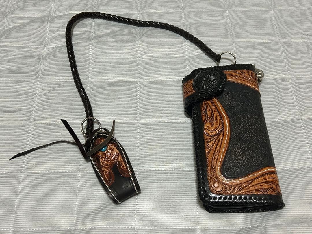 バイカーズウォレット　レザーキーリング　ハンドメイド　本革　ターコイズ　チェーン