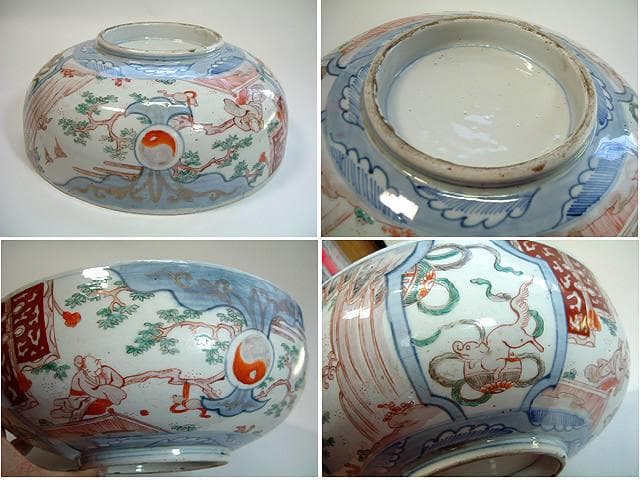 鉢■古い伊万里赤絵大鉢 窓犬紋 獅子 人物 唐草 鳥 骨董(江戸後期～明治期)■