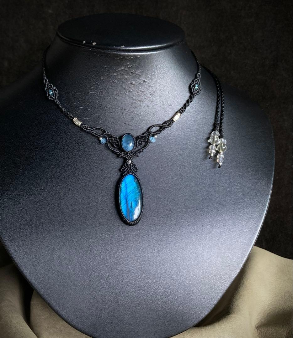 ラブラドライト　アクアマリン　マクラメネックレス