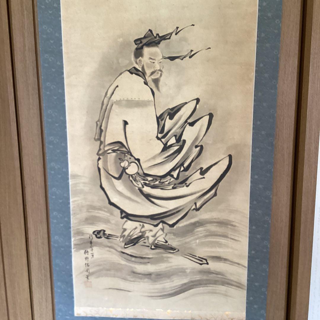 狩野休圓筆　紙本水墨画　【　静波　剣乗賢人図　】71歳作　掛軸一幅　模写　154