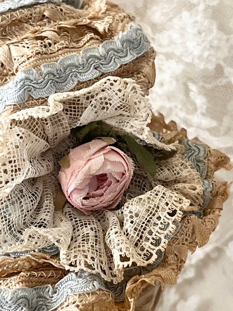 アンティークヴィクトリアン ビスクドール帽子ハットローズ布花レース